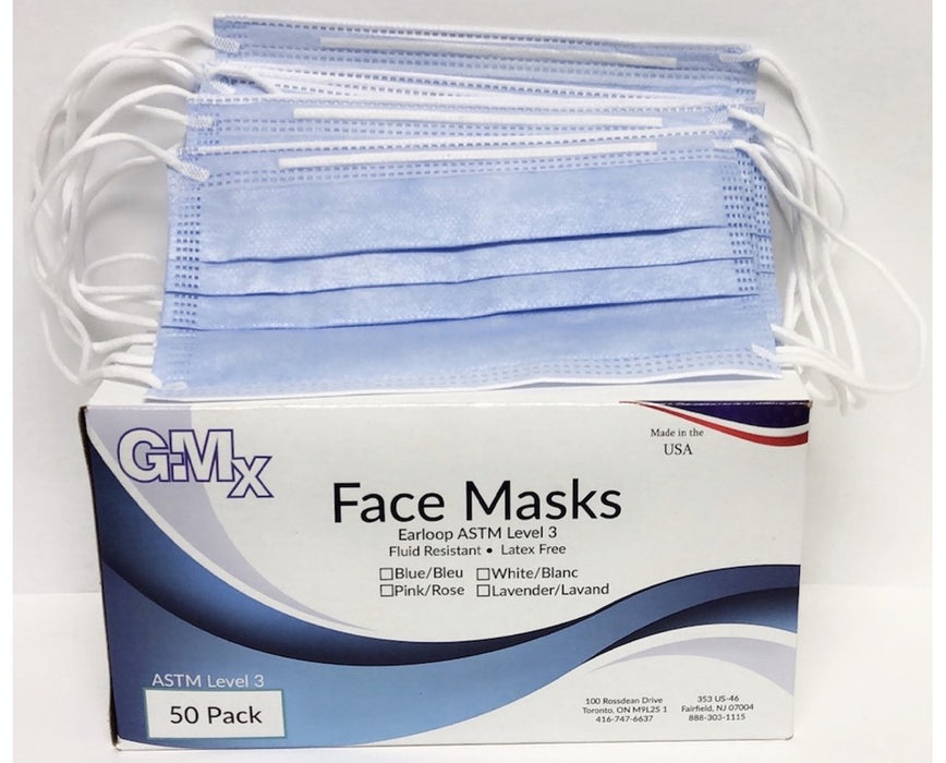 GMX Earloop Fluid Resistant Face Masks, Level 3 ASTM 3 (50/Box)