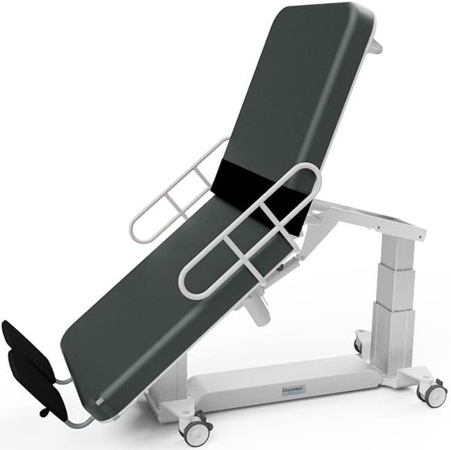 Power Fowler Hi-Lo EA Vascular Imaging Table w/ Adjustable Back & Casters. Bariatric. 30"W, Cardio Panel, Right Access Panel, Side Rails, Central Base Lock & Foot Control
