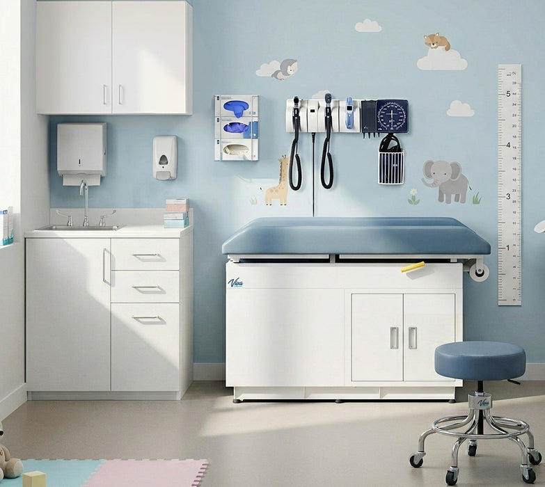 Grande Pediatric Exam Room Package, Table. Black Upholstery, 36" Cabinets, Right Sink, Black Backrest Stool