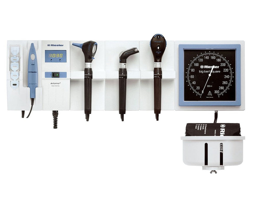 Ri-former Wall Diagnostic System. EliteVue LED Otoscope, L3 LED Ophthalmoscope, RBP-100 Digital BP, Electric Thermometer, Wall-Board, Specula Dispenser & Cuff