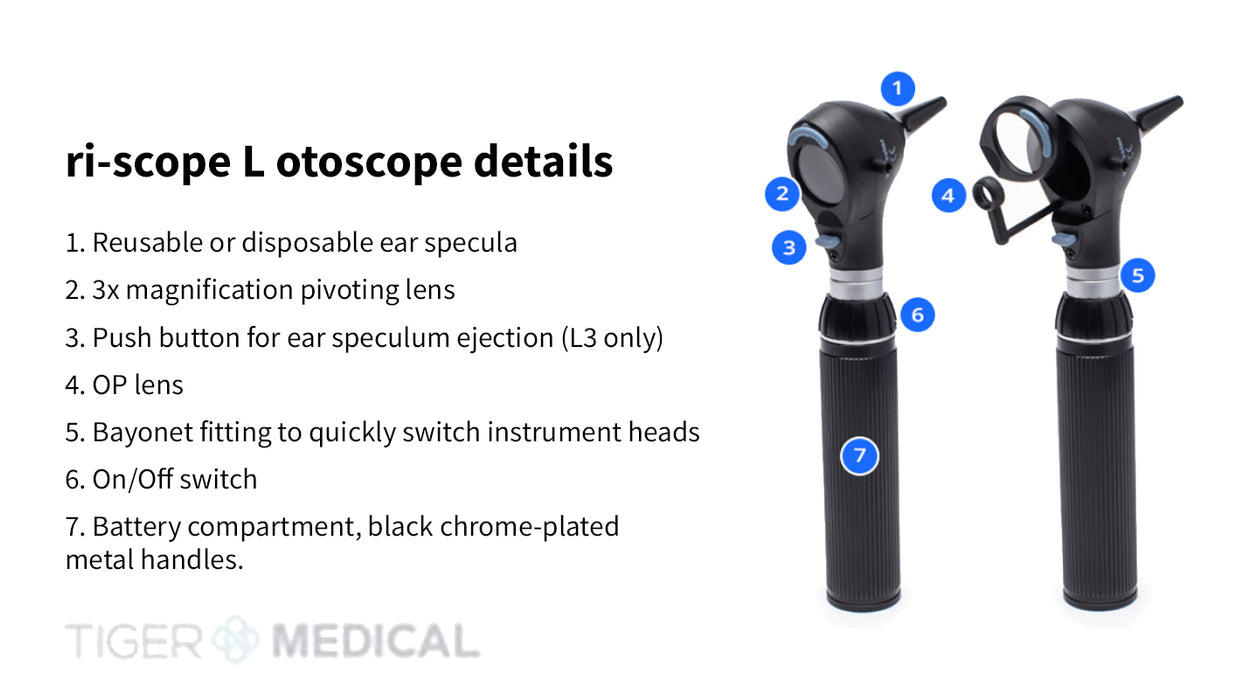 Ri-scope Otoscope Set. L2 LED 2.5 V w/ Type C Handle (2 alkaline batteries sold separately)