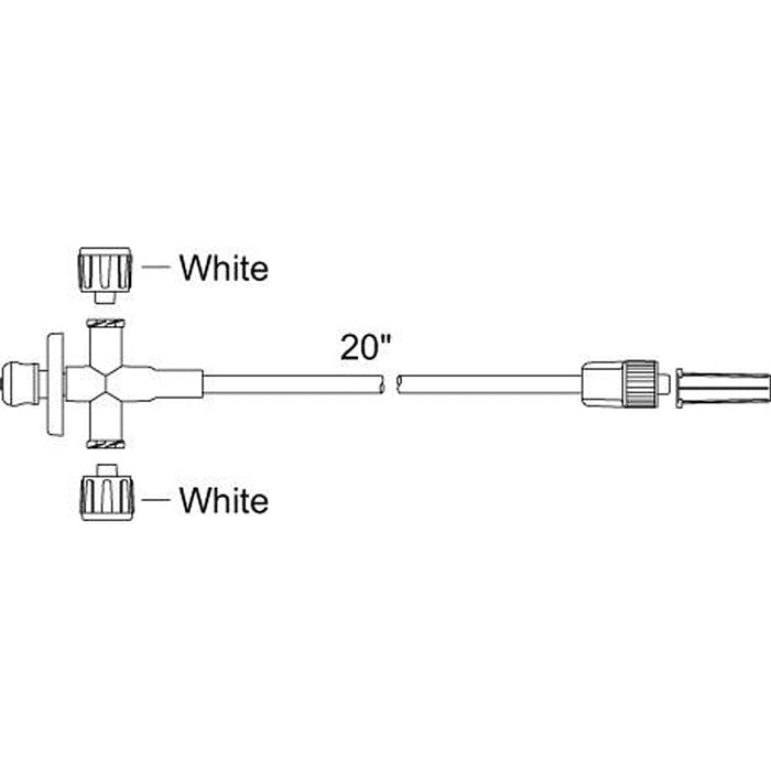 Standard Bore IV Extension Set w/ Male Luer Lock. 3-Way Anesthesia Style Stopcock. Injection Site. Non-Vented White Caps. 2.4mL PV. 22" L (50/cs)