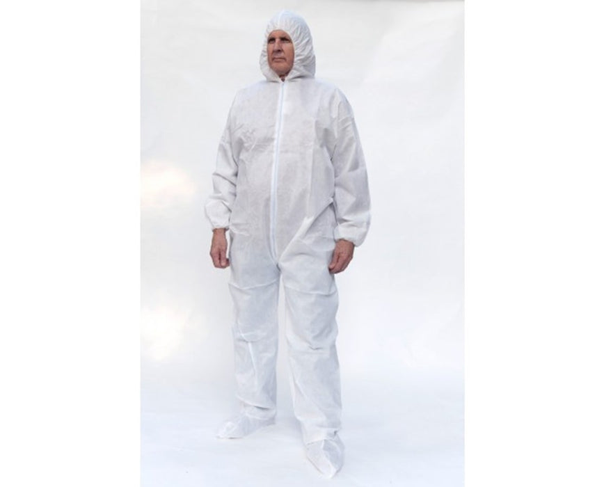 White Lightweight Polypropylene Coveralls with Attached Hood and Zipper Front Attached boot - size LG