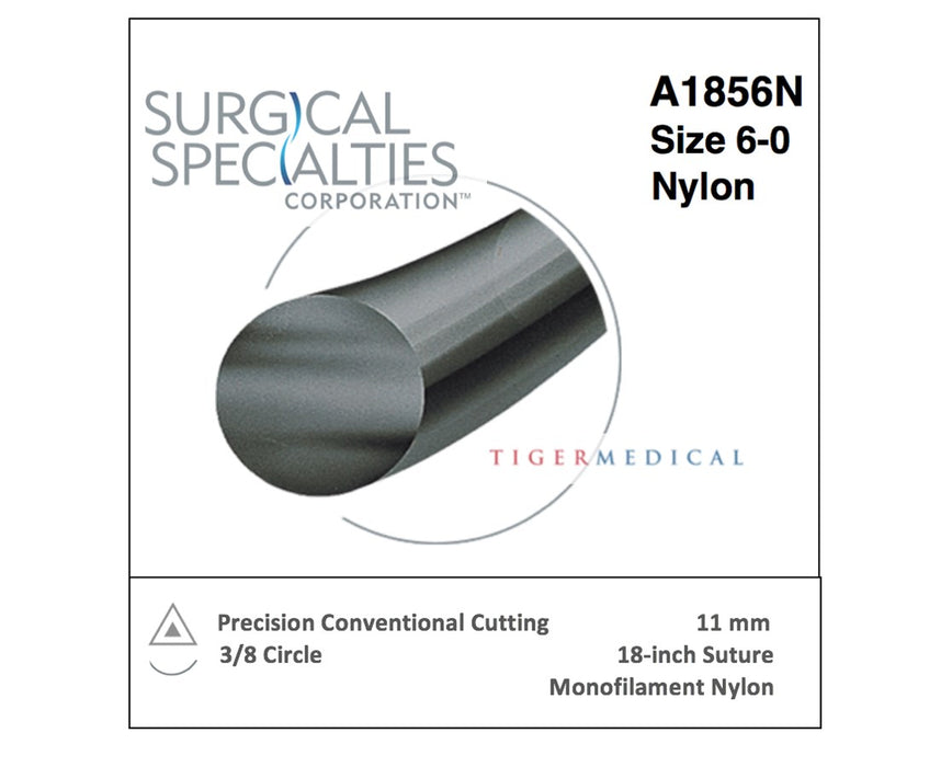 Nylon Non-Absorbable Sutures w/ Precision Conventional Cutting Needles, 3/8 Circle, 12/Box, Size 6-0, 18" 11 mm Needle