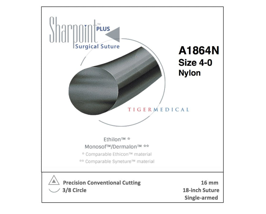 Nylon Non-Absorbable Sutures w/ Precision Conventional Cutting Needles, 3/8 Circle, 12/Box, Size 4-0, Monofilament