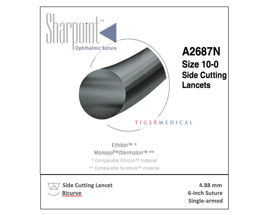 Nylon Monofilament Side Cutting Lancet Sutures, Bicurve (12/Box)
