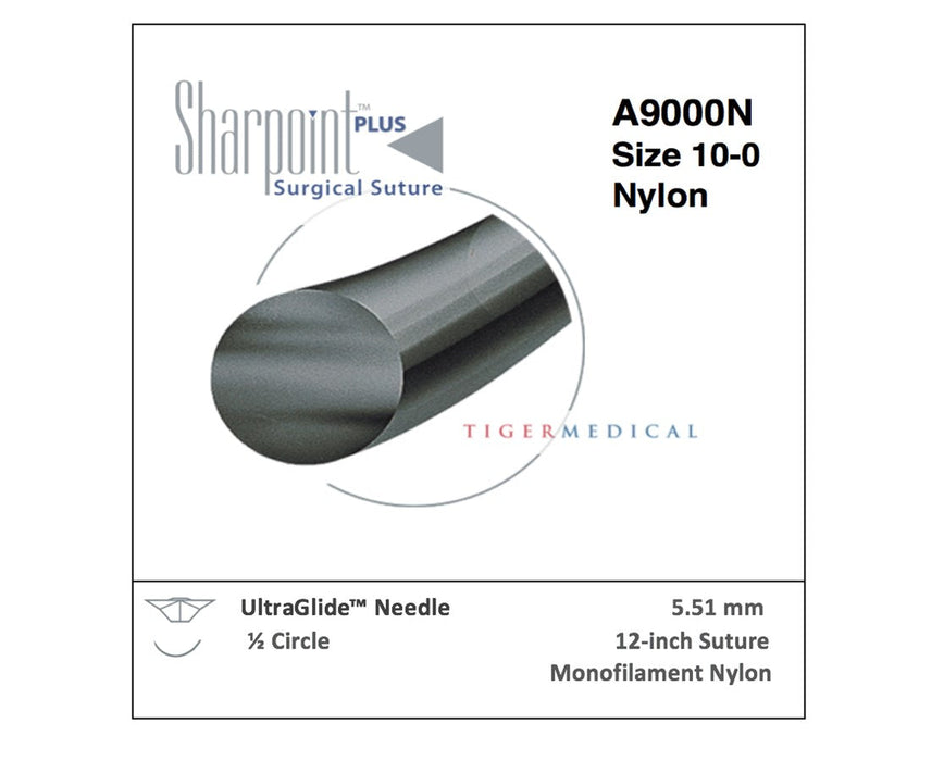 Nylon Non-Absorbable Ophthalmic Sutures w/ UltraGlide Needles, 1/2 Circle, Size 10-0, 12", 5.51mm Needle, Double Arm (12/Box)