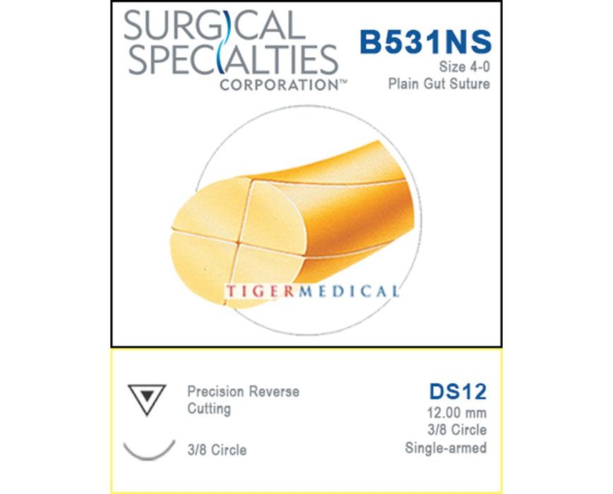 Reverse Precision Cutting Single Armed Plain Gut Suture, 3/8 Circle (12/Box)