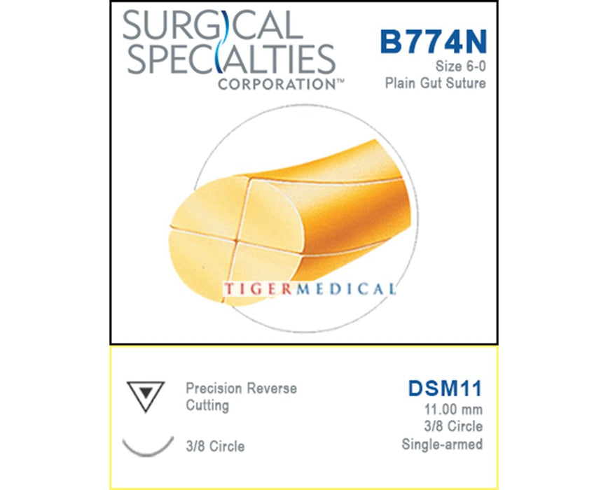 Reverse Precision Cutting Single Armed Plain Gut Suture, 3/8 Circle (12/Box)