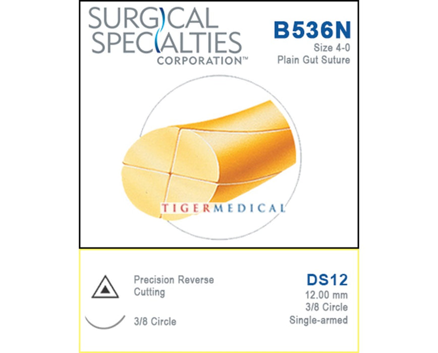 Reverse Precision Cutting Single Armed Plain Gut Suture, 3/8 Circle (12/Box)