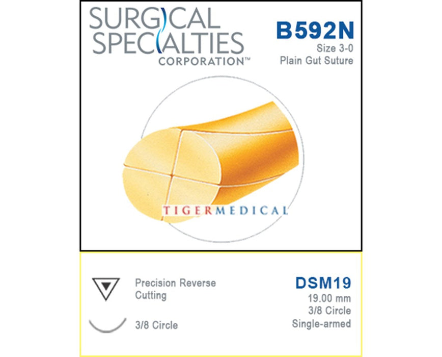 Reverse Precision Cutting Single Armed Plain Gut Suture, 3/8 Circle - 18", Size 3-0, 19 mm Needle Length (12/Box, )