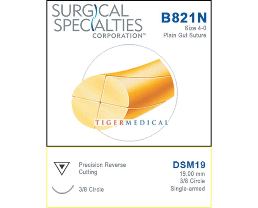 Reverse Precision Cutting Single Armed Plain Gut Suture, 3/8 Circle - 27", Size 4-0, 19 mm Needle Length (12/Box, )