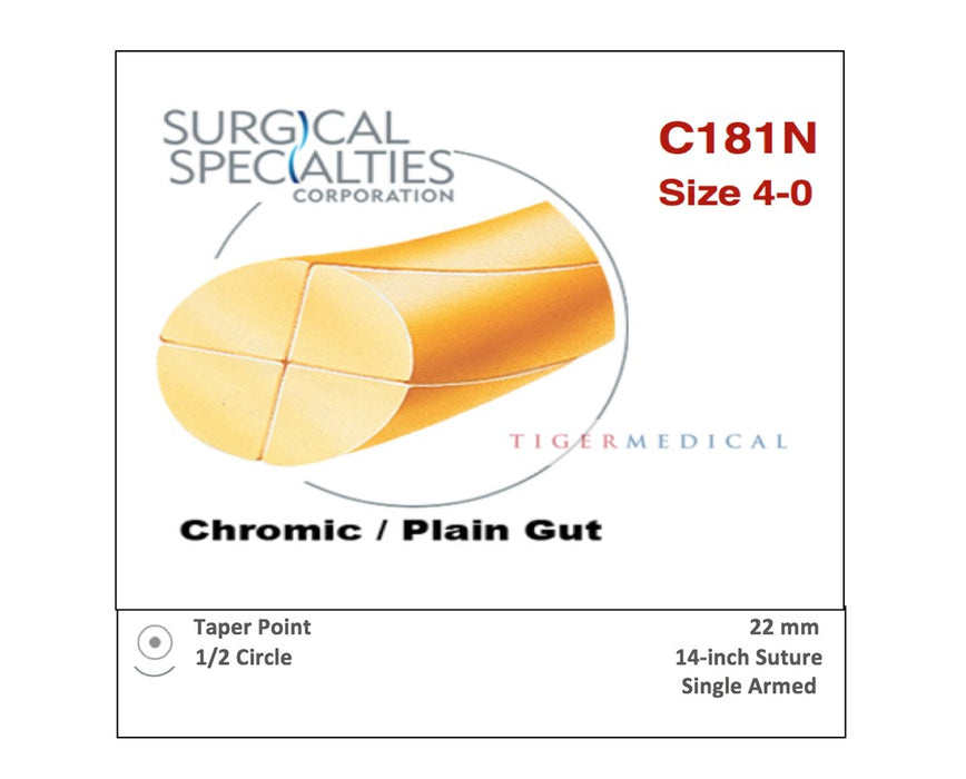 Chromic Gut Absorbable Sutures with Taper Point Needles, 1/2 Circle, 12 per Box - Size 4-0 - 22mm Needle