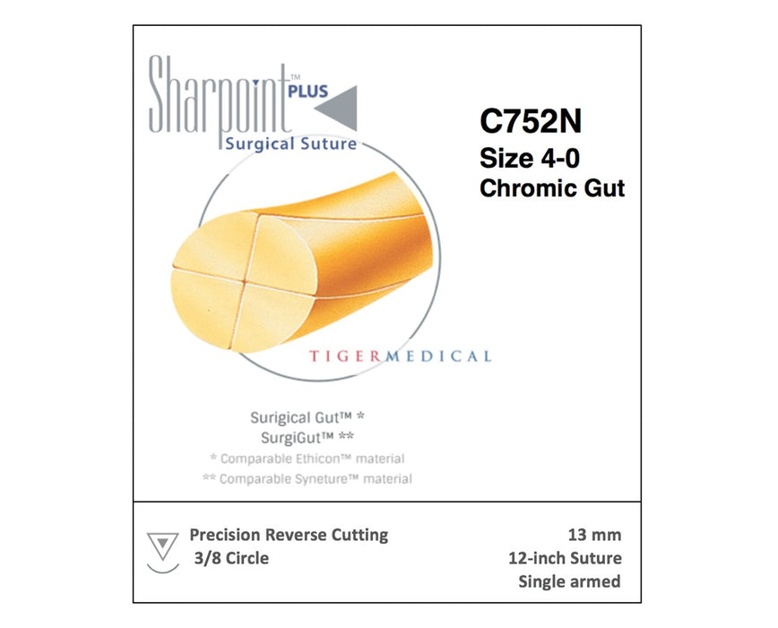 Chromic Gut Absorbable Sutures w/ Precision Reverse Cutting Needles, 3/8 Circle, 12/Box, Size 4-0, 18", 19mm Needle