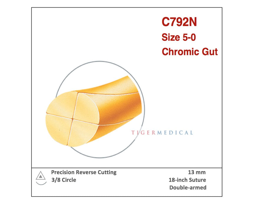 Chromic Gut Double-Armed Absorbable Sutures with Precision Reverse Cutting Needles, 3/8 Circle (12/Box)