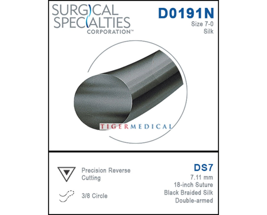 Silk Precision Reverse Cutting Double Armed Sutures, 3/8 Circle - 12 per Box, DS7, 7.11mm, Size 7-0, 18"