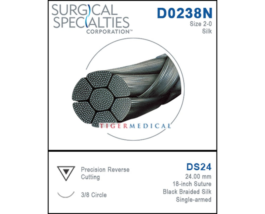 Silk Precision Reverse Cutting Single Armed Sutures, 3/8 Circle - 12 per Box, DS24, 24mm, Size 2-0, 18"