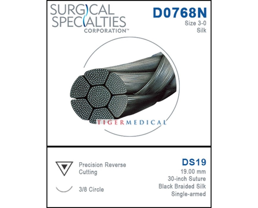 Silk Precision Reverse Cutting Single Armed Sutures, 3/8 Circle - 12 per Box, DS19, 19mm, Size 3-0, 30"