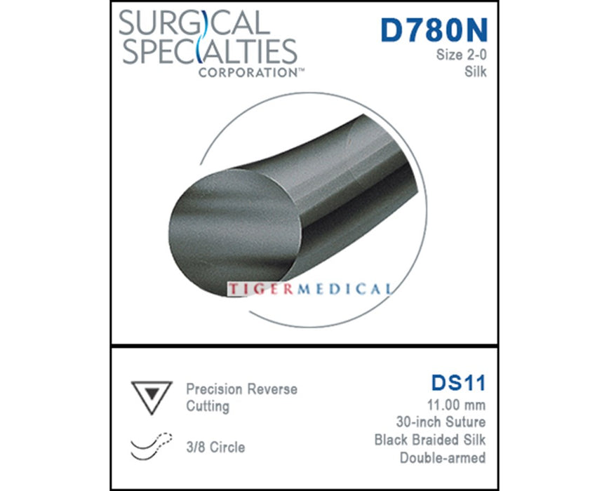 Silk Precision Reverse Cutting Double Armed Sutures, 3/8 Circle - 12 per Box, DS11, 11mm, Size 2-0, 30"