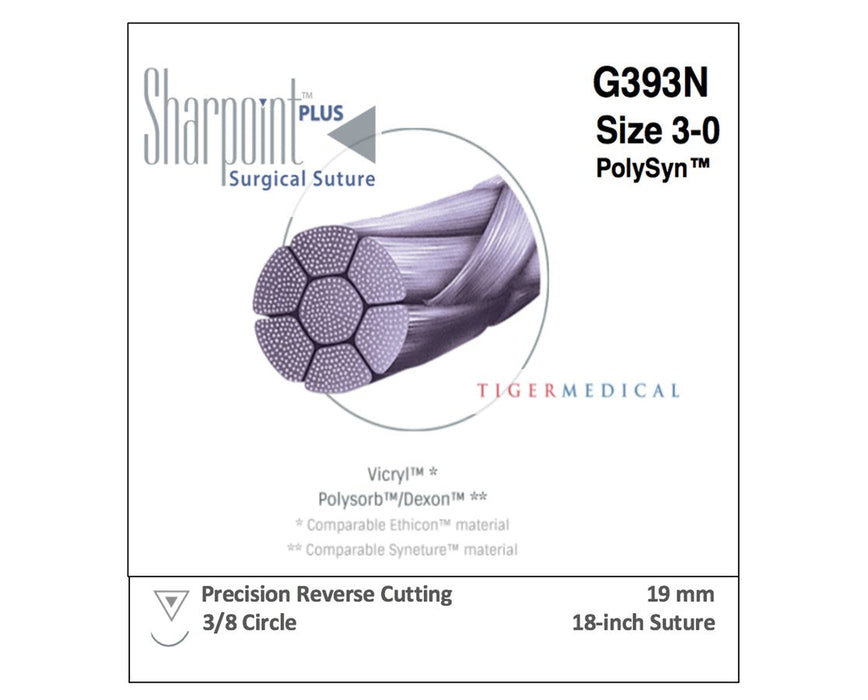 PolySyn Absorbable Braided Sutures w/ Precision Reverse Cutting Needles, 3/8 Circle, 27", 19mm Needle, Undyed Size 5-0 (12/Box )