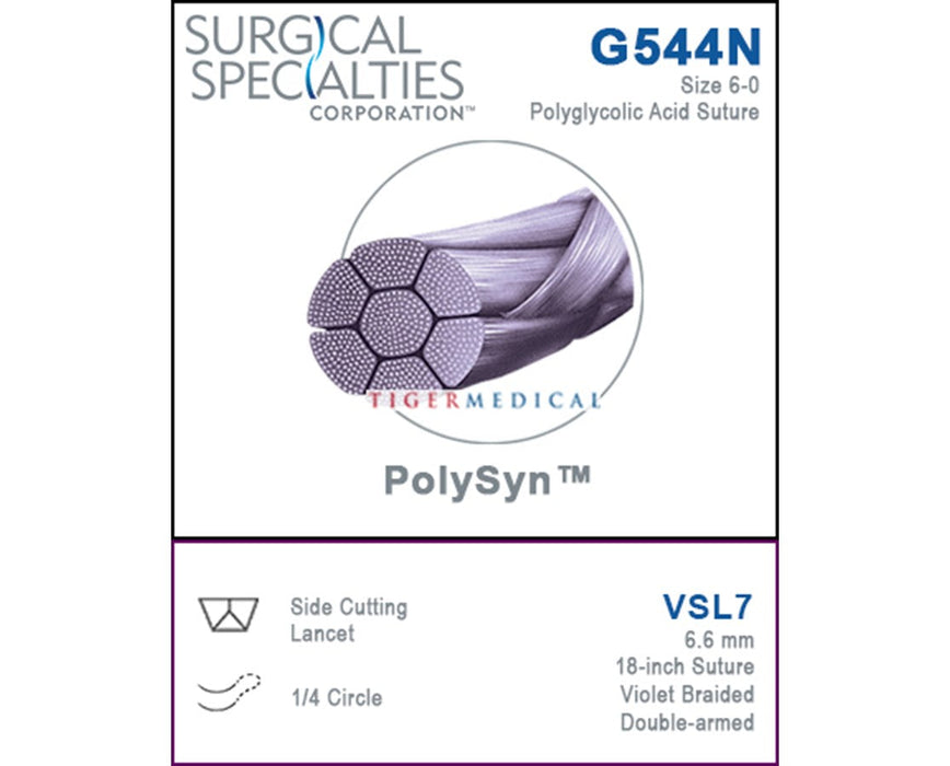 PolySyn Violet Braided Polyglycolic Acid Side Cutting Lancet Sutures, 12/Box - VSL7, 18", Size 6-0, 6.6mm Needle Length