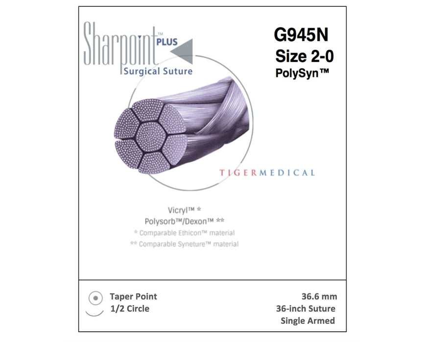 PolySyn Absorbable Braided Sutures w/ Taper Point Needles, 1/2 Circle, 27" - 36.6mm Needle - Violet Size 1 (12/Box )